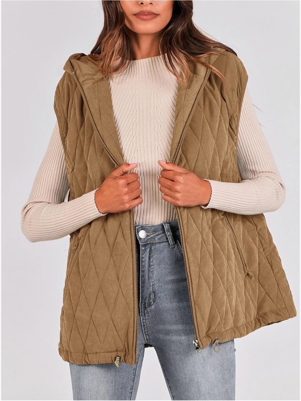 NWT PrettyGarden Quilted Hooded Vest Women M Brown Tan Zip Puffer
